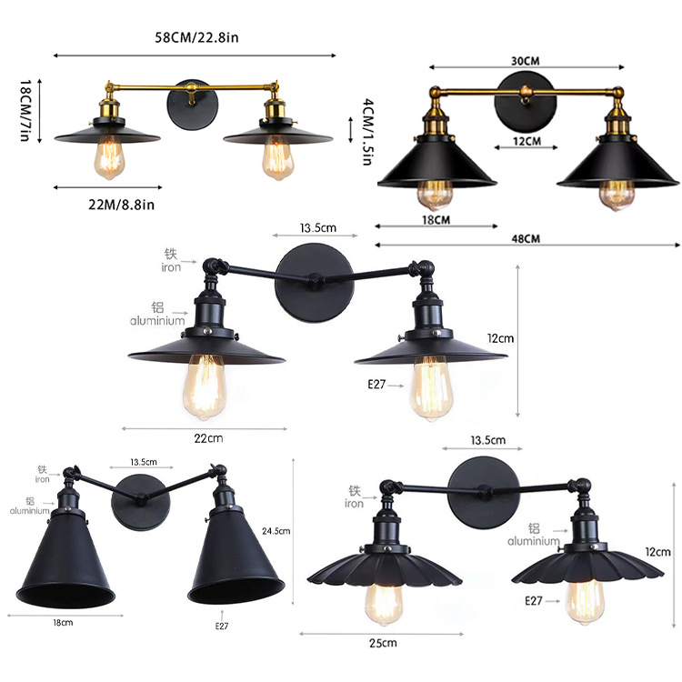 Restaurante transfronterizo, cafetería, pasillo, sala de estar, dormitorio, cabecera de cama, brazo largo, doble sección, lámpara de pared de hierro forjado retro americano