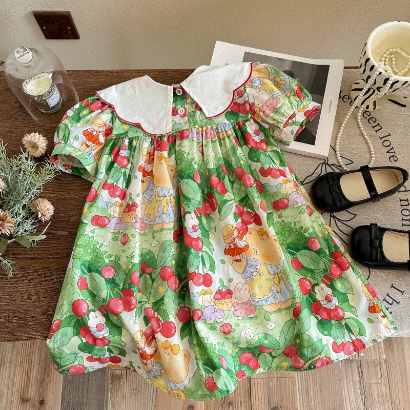Vestido de siete niñas con limón salado, cuello de muñeca bordado de cereza, estilo de verano, manga corta, dulce falda de princesa para niños, vestido de bebé