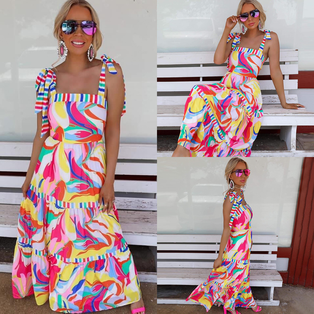 245g Weight Maxi Long Dress Dress Length Type Sleeveless Sleeve Length Swing Dress Dresses Type 4-Way Stretch Fabric, Spandex, Polyester Fabric Type Wholesale Women'S Casual Printing Patchwork Printing Daily Square Neck Sleeveless Swing Dress