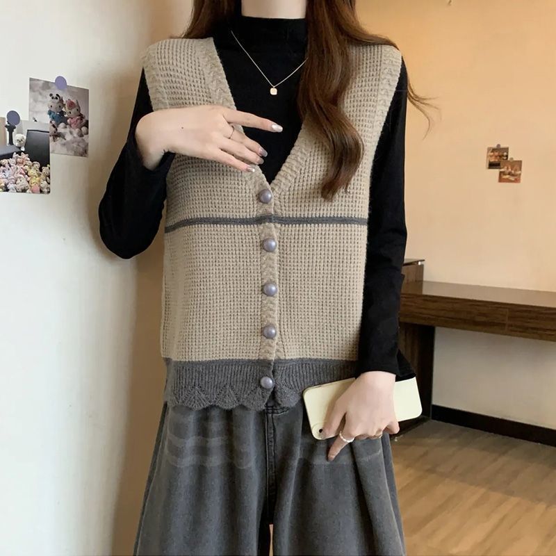 秋季学院风V领针织开衫马甲外套背心毛衣女百搭单排扣叠穿上衣潮|undefined