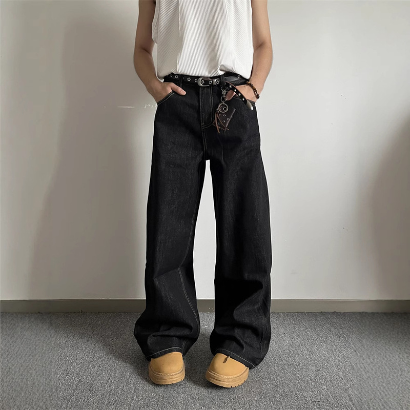 Y2K New American Style Retro Red Ear Tannin Black Jeans Men's Original Cow Color Design Straight Micro Long Pants