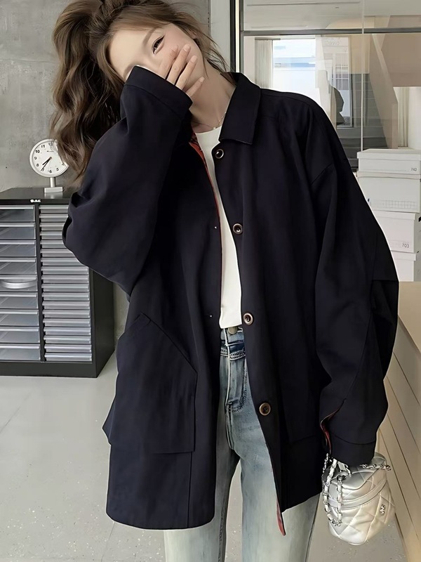 韩系设计感翻领格纹撞色外套女2025春秋季新款复古双面穿夹克上衣|undefined