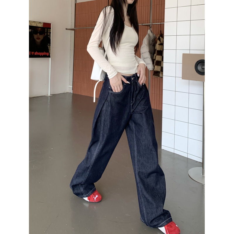 Dark Blue Stylish Raw Denim Loose Jeans for Women, Unique American High Street Low-Waist Wide-Leg Pants, Trendy Summer Pants