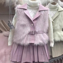 女童秋冬皮草马甲三件套2025新款儿童韩版洋气宝宝毛毛坎肩+皮裙