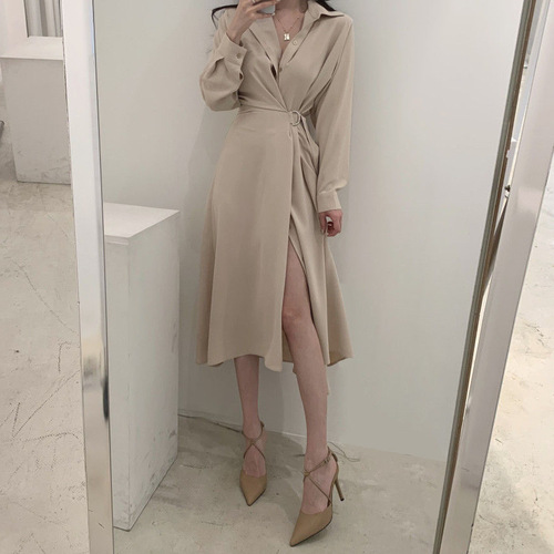 Women's Fashionable Long-Sleeve Shirt Dress with Collar, Button-Down, Belted, Slimming, and Chic Korean Elegant Lightweight Mature Style