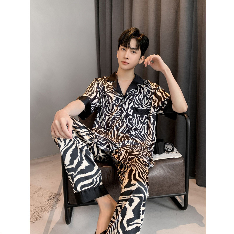 2024 New Men's Summer Pajamas, Thin Ice Silk Short-Sleeved Shorts Two-Piece Set, Home Wear, Breathable and Comfortable