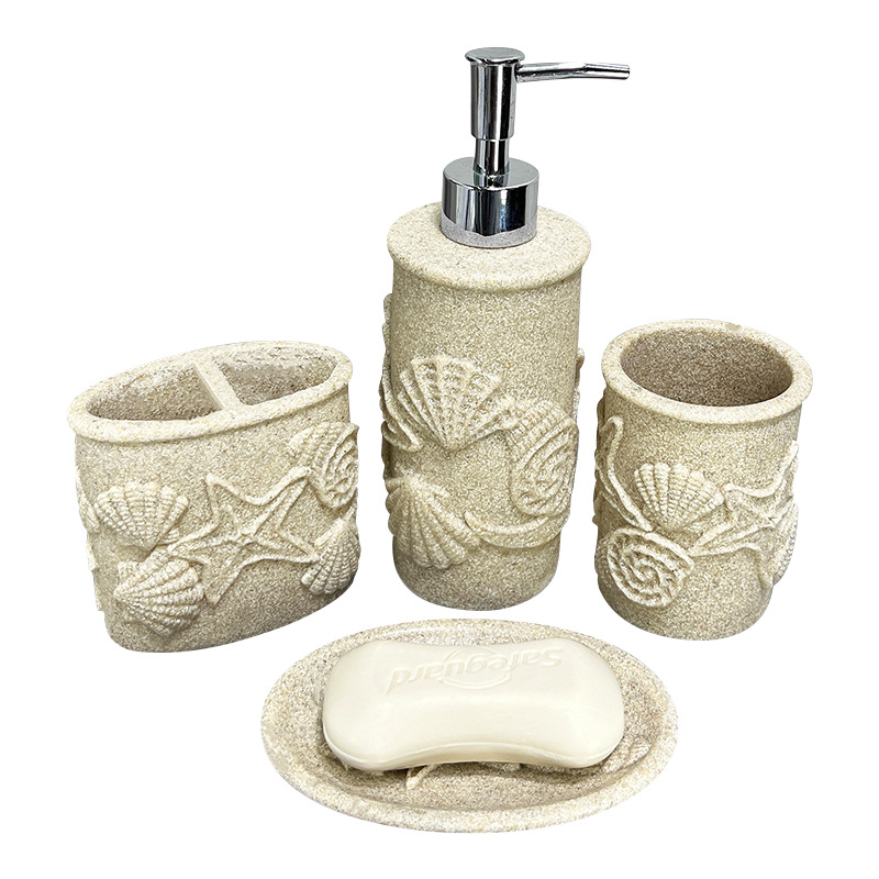 Baños de hotel de cuatro piezas de baño de arenisca imitación de diseño de baño de resina taza de jabón botella de desinfectante de manos