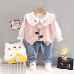 Girls' Babydoll Collar Long-Sleeve Shirt Children's Korean Style Knit Sweater Vest Spring and Autumn Baby Set of Three