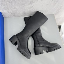 秋冬新款厚底5050不过膝长靴女粗跟高跟及膝靴真皮长筒高筒骑士靴