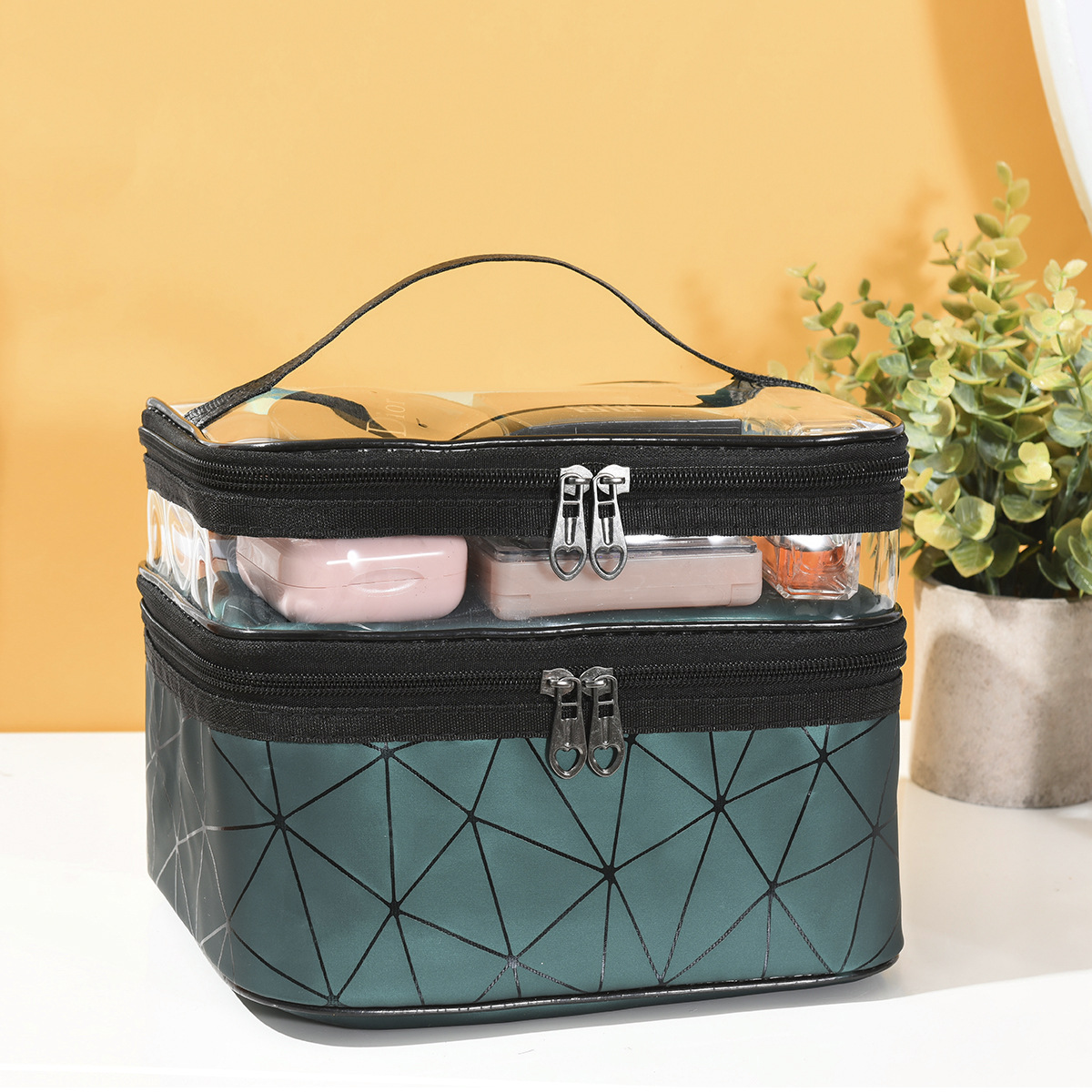 thumbnail image 1 of Lingge bolsa de cosméticos portátil de doble capa, bolsa de aseo de cuero PU de alto valor, bolsa de almacenamiento de cosméticos multifuncional portátil para mujer, 1 of 5