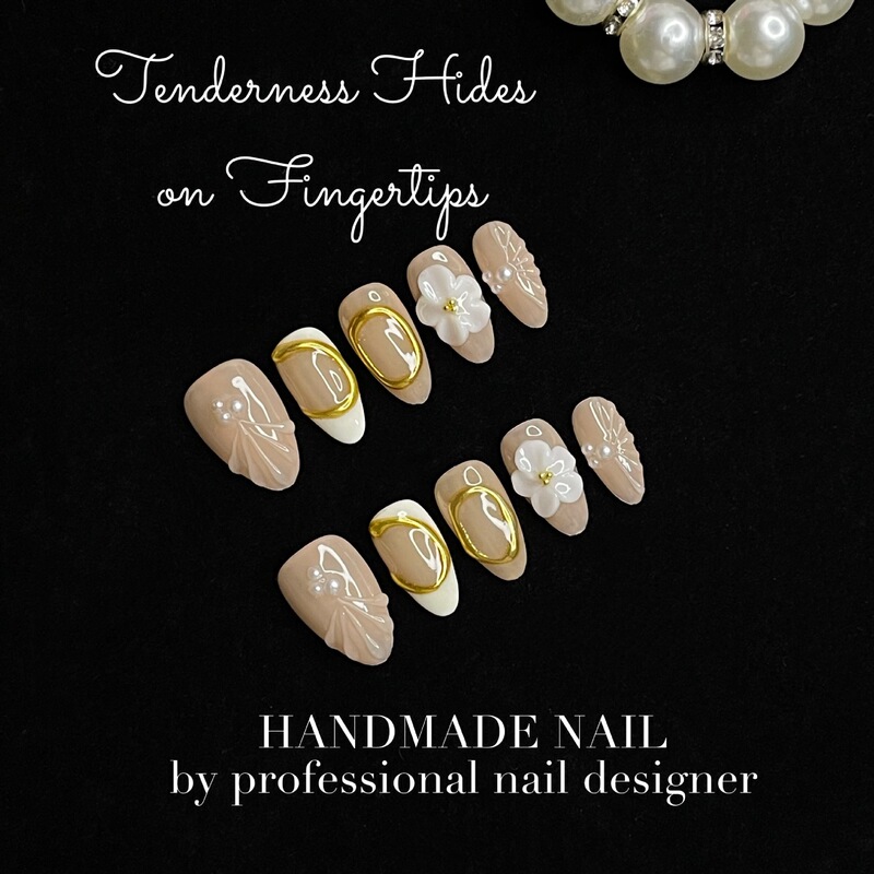 Cross-Border French Fingertip Handmade Wearable Nails Short Almond Nails 3D Stereo Carved Hand-Painted Flowers Pearl Almonds