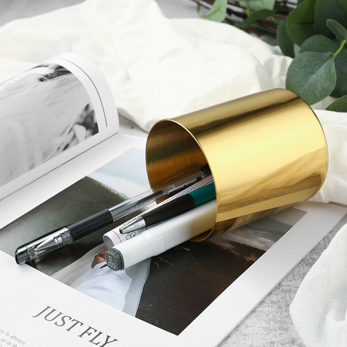 Light luxury stainless steel metal pen holder desktop office creative storage tube ins home study stationery storage tube