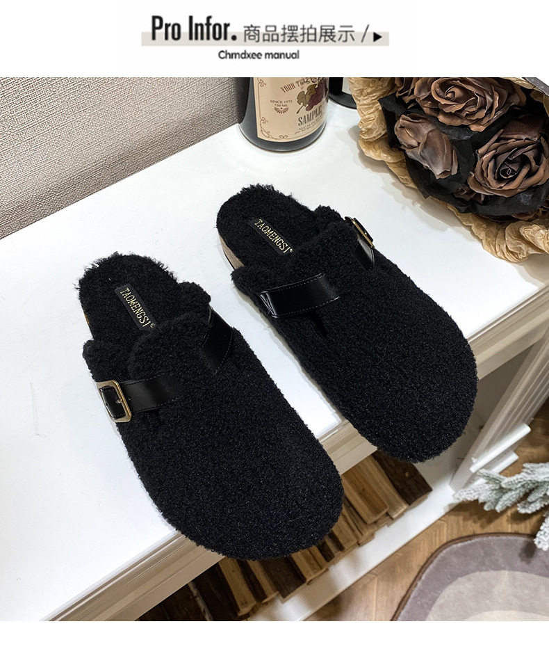 Dép nửa gót bít mũi lông xù kiểu Birkenstock cổ điển cho nữ, mũi tròn — Màu nâu, Màu trắng sữa, Màu đen chi tiết 9
