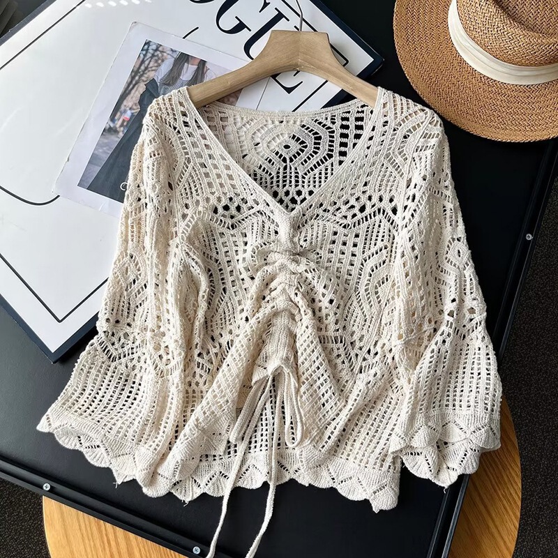 V-Neck Solid Color Crochet Hollow Short Drawstring Knotted Versatile Knit Top Women's Blouse 2025 Summer Fashion Cover-Up V-Neck Solid Color Crochet Hollow Short Drawstring Knotted Versatile Knit Top Women's Blouse 2025 Summer Fashion Cover-Up