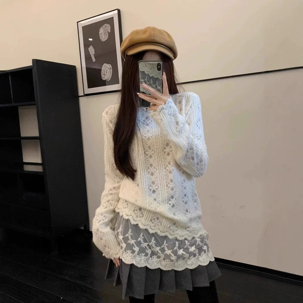 Sweet Age-Reducing White High-Neck Lace Retro Blouse for Women Early Spring Long-Sleeved Bottoming Shirt Top European and American Patchwork Sweet Age-Reducing White High-Neck Lace Retro Blouse for Women Early Spring Long-Sleeved Bottoming Shirt Top European and American Patchwork