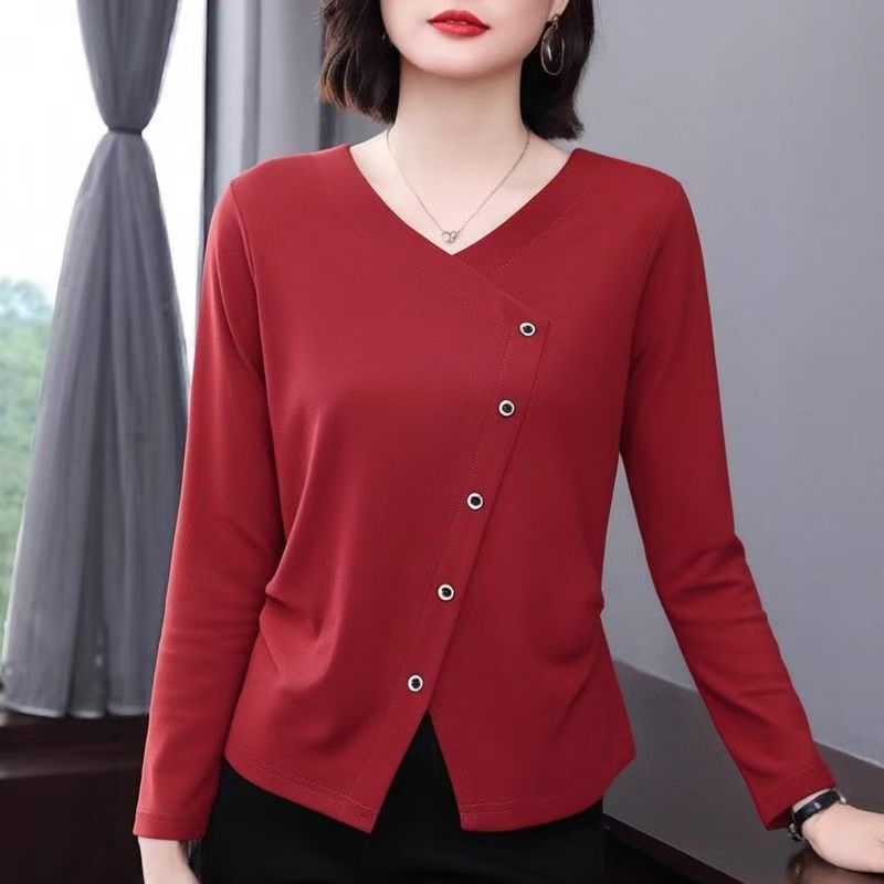 Designed V Neck Mother's Spring & Fall Long-Sleeved T-Shirt for Women, New Elegant, Asymmetrical Pullover, Slimming Look Bottoming Shirt for Women