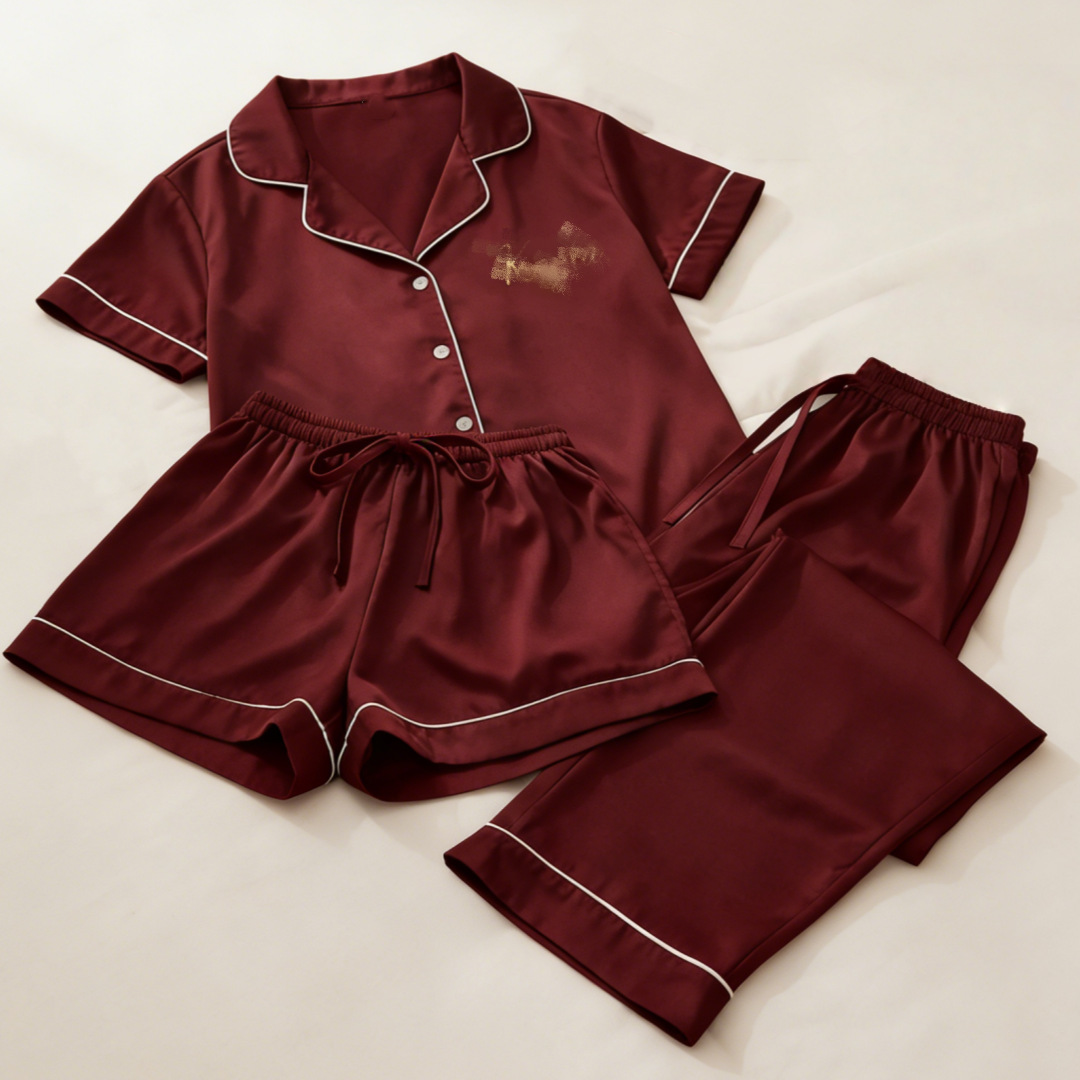 欧美夏季冰丝睡衣套装短袖长裤短裤三件套仿真丝家居服跨境女装