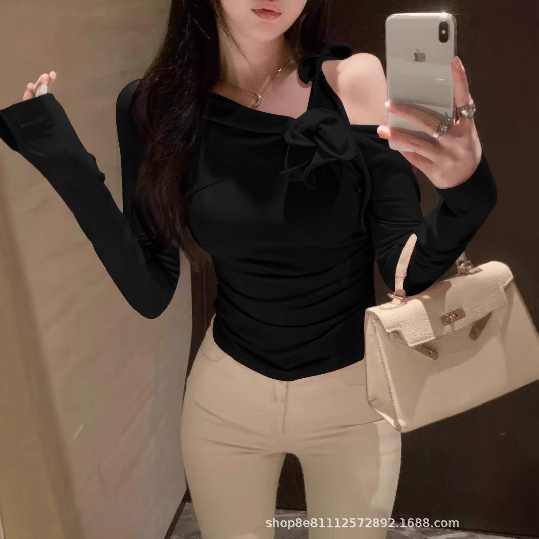 (2개) 입체 꽃 어깨 톱 여자 겨울 긴팔 티셔츠 주름 하이 엔드 올매치