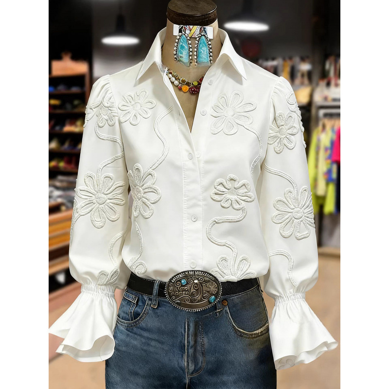 Cross-Border Amazon Independent Site Early Spring New Lace Floral Long-Sleeve Top with Turn-Down Collar and Lace Sleeves Cross-Border Amazon Independent Site Early Spring New Lace Floral Long-Sleeve Top with Turn-Down Collar and Lace Sleeves