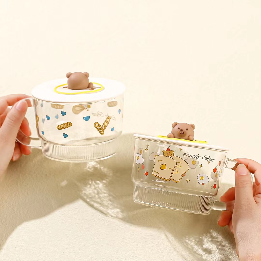 Creativo lindo pan oso de dibujos animados de vidrio de gran capacidad taza de agua de vidrio con tapa taza de desayuno taza de regalo personalizada