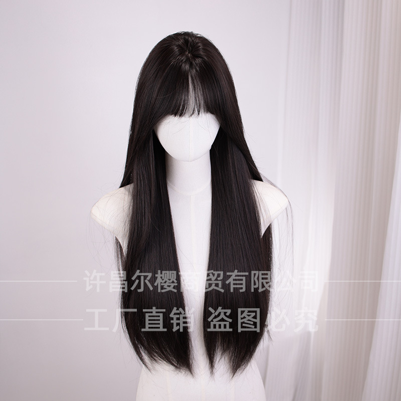 Erying [Fujiang] wig summer new female natural realistic bangs black long straight hair round face natural full head cover