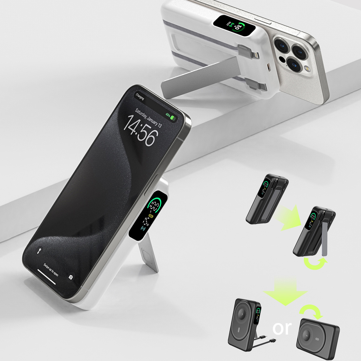 Magnetic Stand 22.5W Super Fast Power Bank with Built-In Cable 10000Mah Large Capacity Mini Power Bank