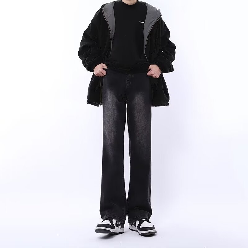 Casual 2024 primavera y otoño nuevo estilo americano calle alta suelta recta pantalones largos negros marca de moda jeans para hombres