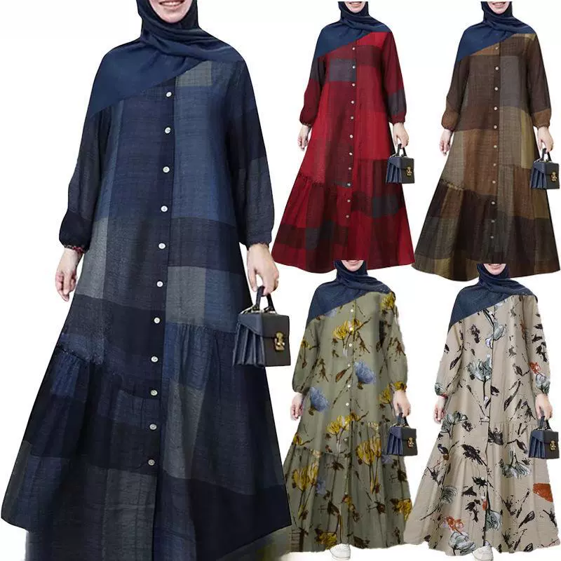 2025 трансграничная мусульманская одежда: ближневосточный лоскутный халат больших размеров, женское хлопковое длинное платье с длинными рукавами и цветочным принтом