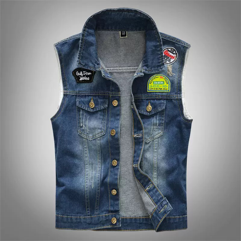 Trendy Men's Denim Vest Locomotive Foreign Trade Korean Slim-fit Vest Large Size Sleeveless Shoulder Cowboy Vest for Youth