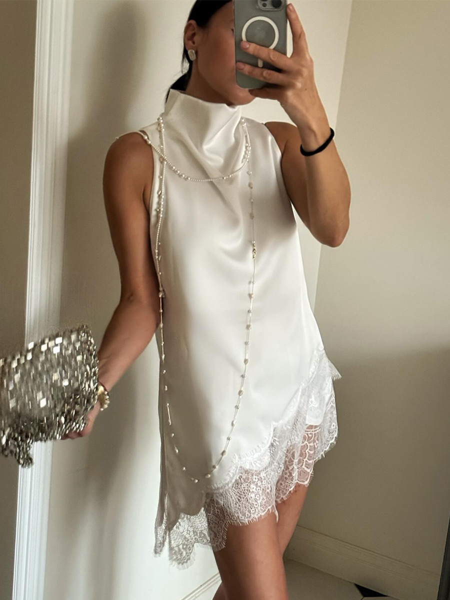Ärmelloses Satin-top Mit Rollkragen Und Spitzenbesatz Für Damen_voghion.com