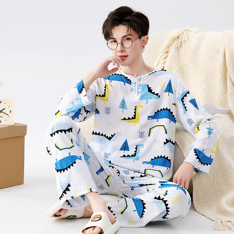 Summer Teenagers Cotton Silk Pajamas Set Cotton Silk Air Conditioning Home Clothes Thin Long Sleeve Pants for Big Children and Middle School Students Men