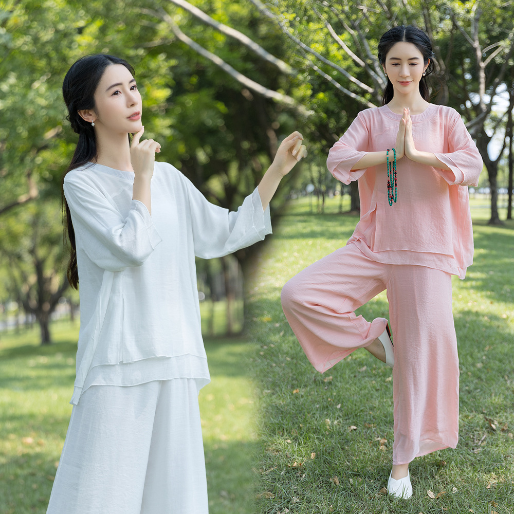 2024 Ethnic Style New Cotton and Linen Zen Suit Round Neck Mid-Sleeve Top Morning Exercise Tai Chi Suit Wholesale White Pink