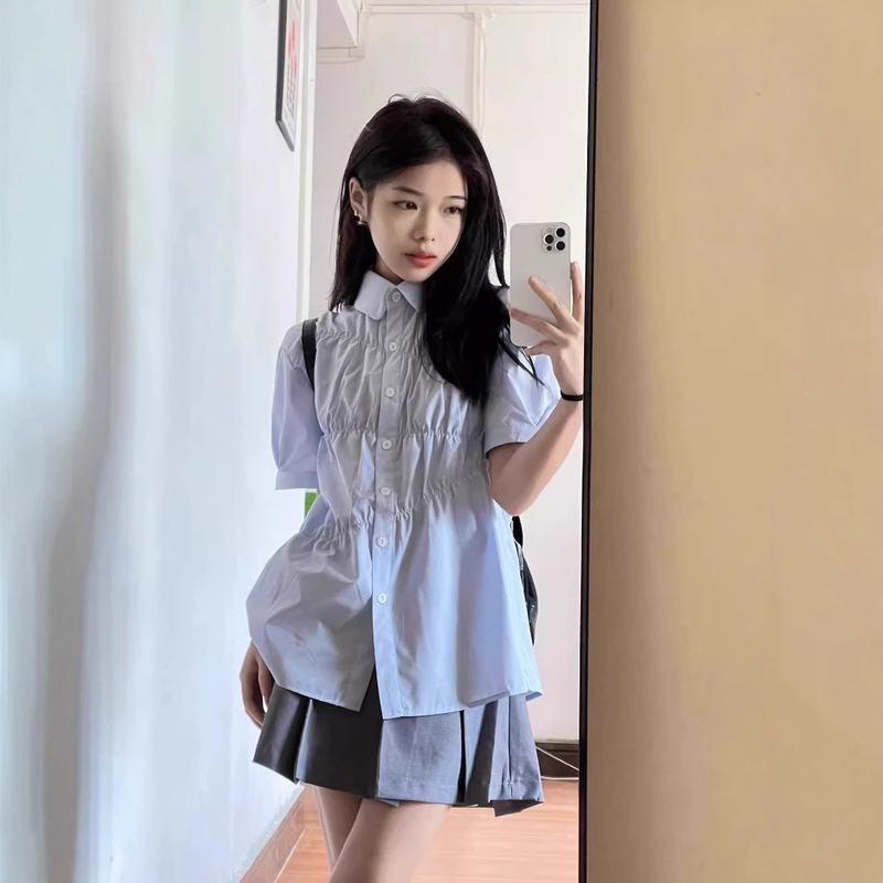 Summer Korean College Style Blue Short-Sleeved Shirt for Women, Loose and Sweet Pleated Top with Pleated Skirt