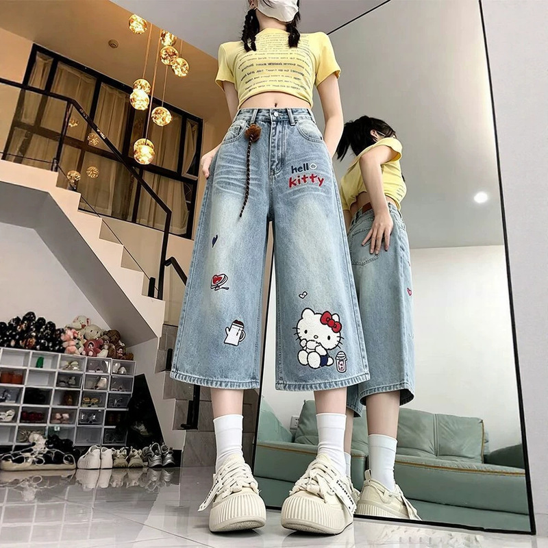Trendy Carp-Themed Cute Kt Cat Embroidered Patchwork Cropped Jeans for Women, High-Waisted, Fun Whisker Design, Vintage Wide-Leg Mid-Length Pants Trendy Carp-Themed Cute Kt Cat Embroidered Patchwork Cropped Jeans for Women, High-Waisted, Fun Whisker Design, Vintage Wide-Leg Mid-Length Pants