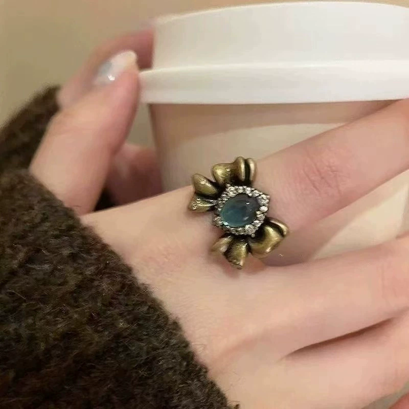 Retro small design sophisticated ring with stone with bow with zircon, universal accessory