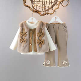 女童加绒毛毛马甲三件套新款宝宝洋气棉服套装秋冬儿童时髦冬装