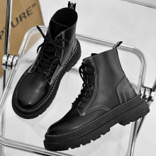 马丁靴男2025新款男鞋黑色皮面高帮英伦风机车皮靴工装靴跨境增高