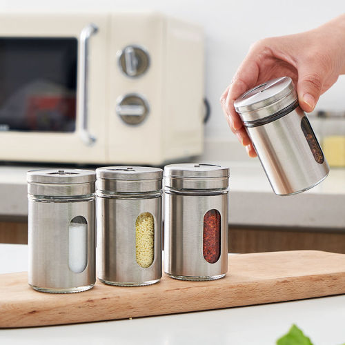 Factory multi-purpose seasoning bottle jar stainless steel pepper shaker bottle seasoning box set sprinkling bottle salt jar glass seasoning bottle