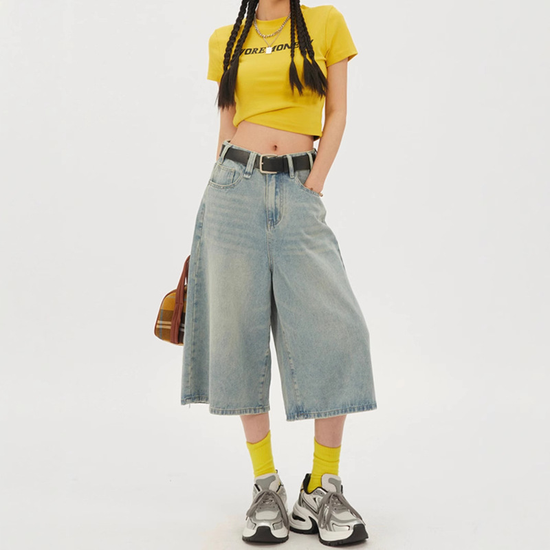 Wide-Leg Cropped Denim Shorts 2025 Summer Thin Retro High-Waisted Versatile Loose Slimming Straight Mid-Length Pants