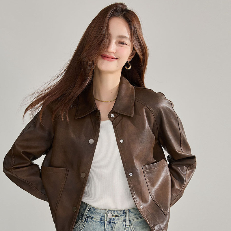 【Shenghong】Autumn New Style Pu Leather Jacket with Lapel, Retro Coat for Women, Trendy Short Drawstring Hong Kong Style Jacket Top