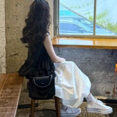 ホワイトアイスシルクフラワーバッドスカートレディース夏薄い2025新しいカジュアルハイウエストルーズドレープaラインクラウドチュチュスカート