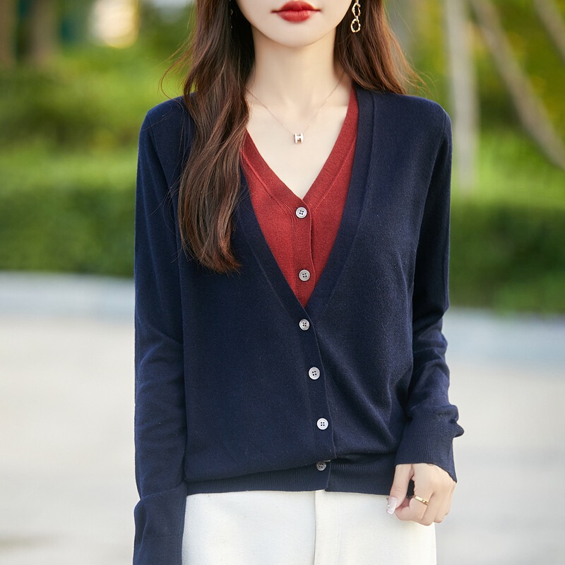 Fake Two-Piece Imitation Wool Cardigan for Women, Spring & Fall V Neck Loose Thin Sweater, Color Matching Versatile Wool Knitted Jacket