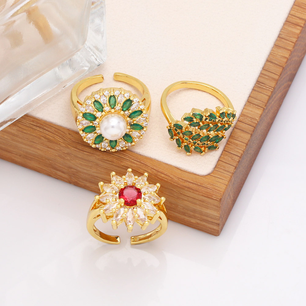 Fashion Leaf Flower Copper Open Ring Plating Inlay Zircon Copper Rings