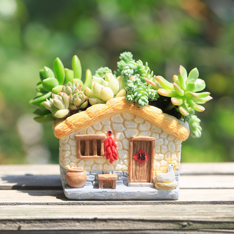 Chậu Cây Resin Chậu cây mọng nước hình nhà đồng quê mini resin, chậu tiểu cảnh để bàn, trang trí nhà và văn phòng (RG-101)