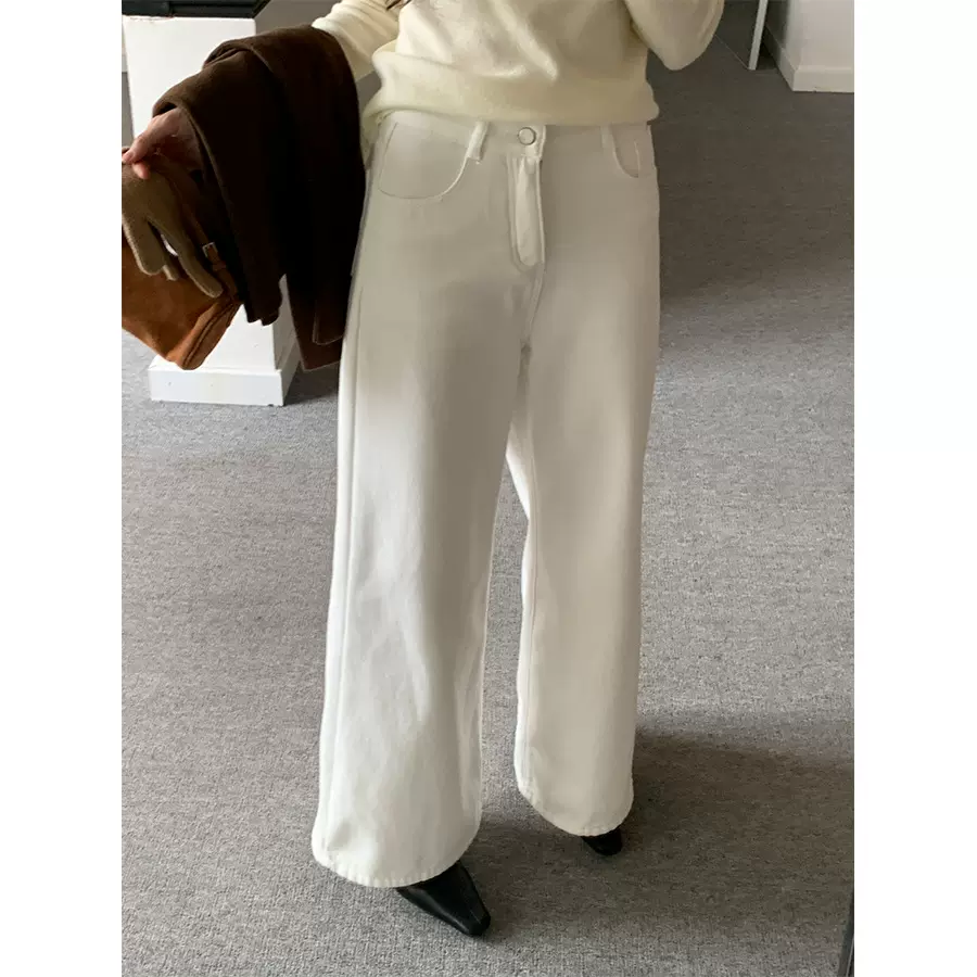 黄峥韩版加绒白色牛仔裤女冬高腰显瘦百搭阔腿休闲拖地长裤541110