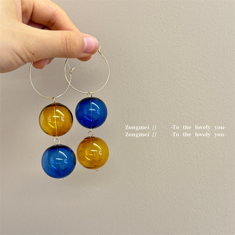 Modern Retro Hong Kong Style Ring Glass Bead Pendant Exaggerated Contrast Color Japanese and Korean Elegant Show Earrings Women's Fashion Ear Ring