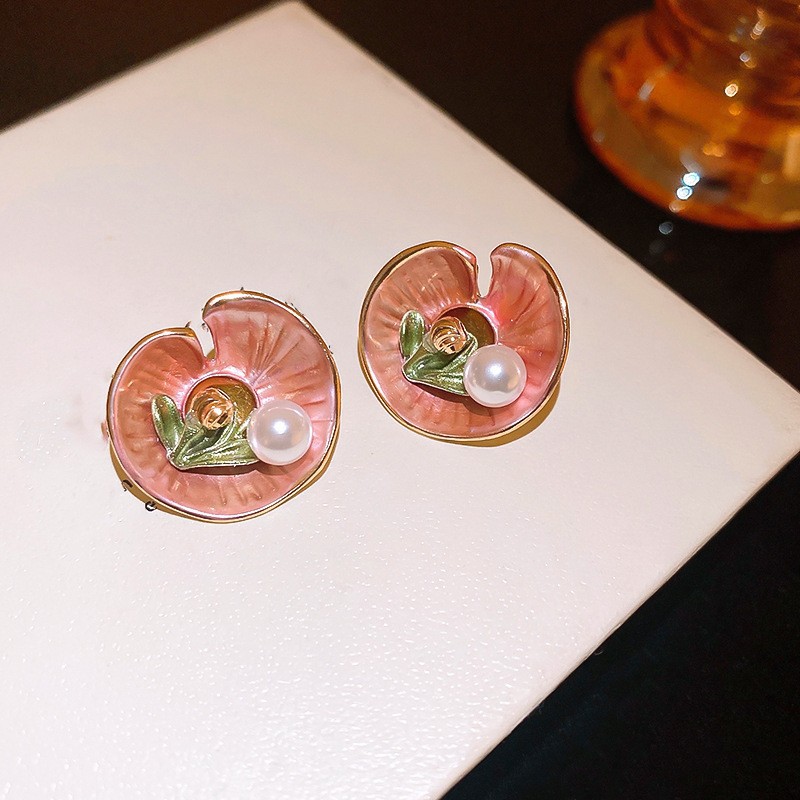 Monet Garden Pintura al óleo Pendientes de perlas de flores de viento Pendientes de lujo ligero de alta calidad Pendientes frescos dulces franceses mujeres