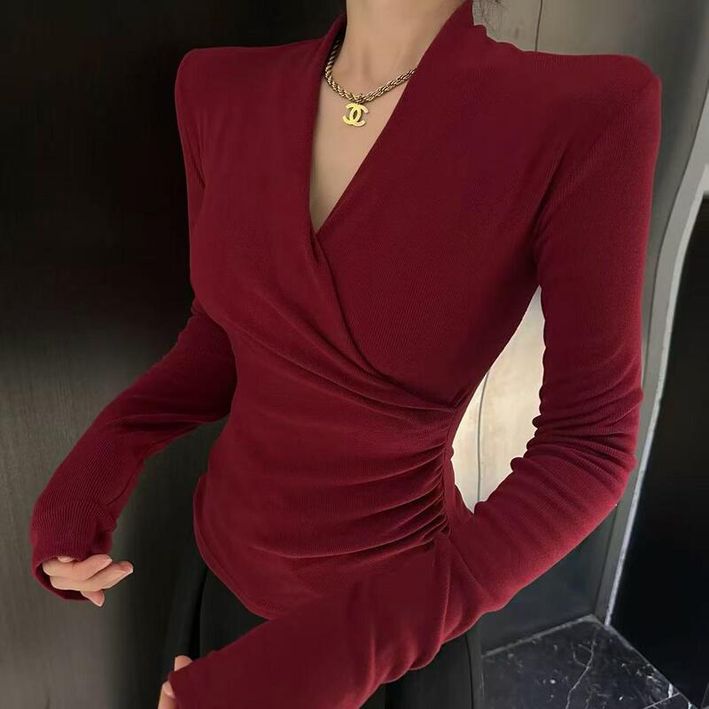 2026 Spring and Autumn New Korean Style Fashionable Versatile Slimming V-Neck Maternity T-Shirt for Women Pure Desire Hot Girl Base Layer Top 2026 Spring and Autumn New Korean Style Fashionable Versatile Slimming V-Neck Maternity T-Shirt for Women Pure Desire Hot Girl Base Layer Top