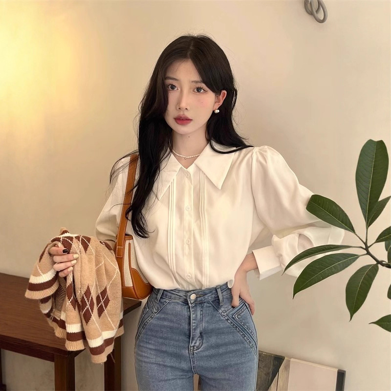 French White Polo Collar Long-Sleeved Chic Shirt for Women 2025 Autumn and Winter Design Inner Shirt Elegant Casual Top