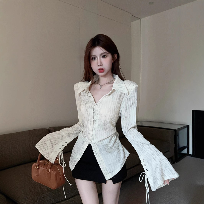 American Tie-dyed V-neck Shirt Women's Spring and Autumn New Design Sense Lace-up Horn Sleeve Tight Waist Shirt Pure Wish Clothes